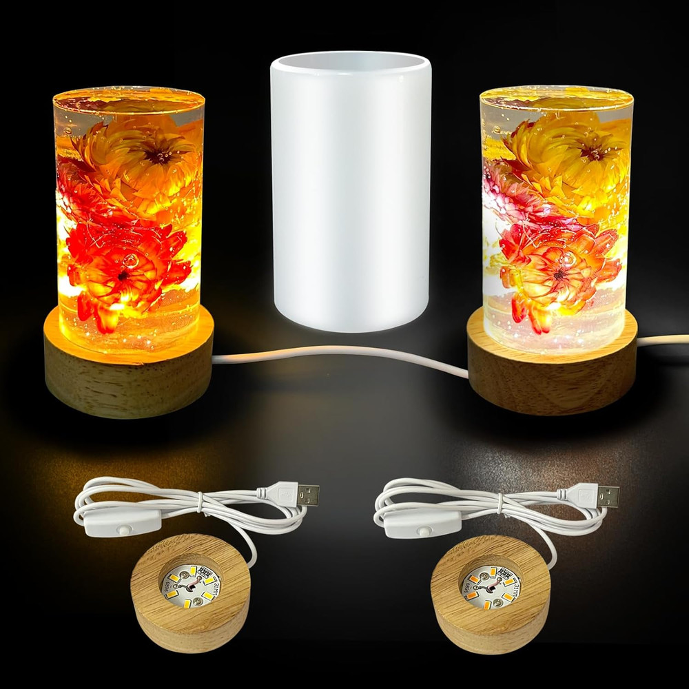 Cylinder Light Resin Mold,LED Silicone Resina Mould with 2 Pcs USB Powered Woode