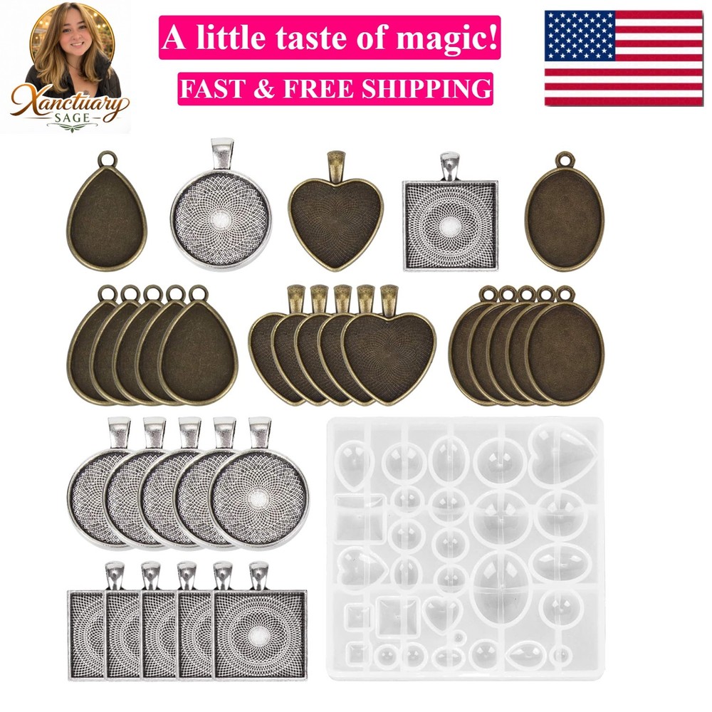 Resin Jewelry Molds Pendant Trays Making Kit with 30pcs 5 Styles Metal Pendan…
