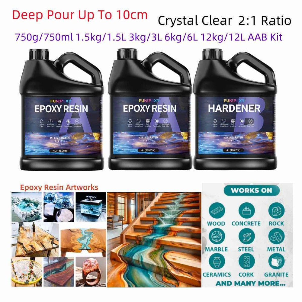 Clear Epoxy Resin 24oz/48oz 3kg 6kg 12kg/3 Gallons Kit – DEEP POUR 2A:1B 2″-4″