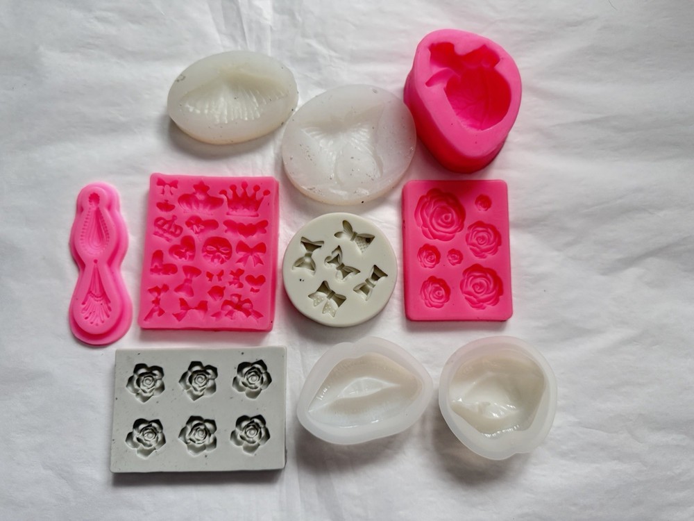 Lot of 10 Assorted Silicone Resin Molds Lips Roses Bows Butterfly Floral