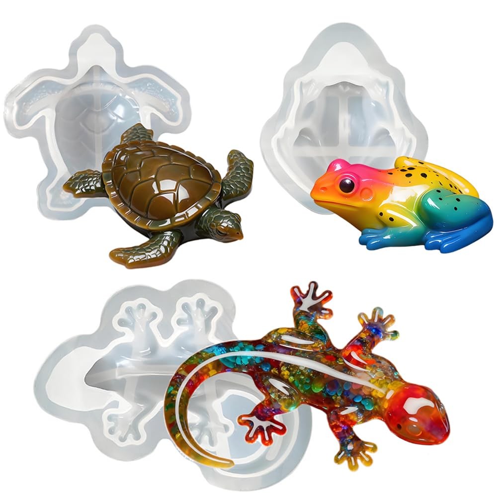 3PCS 3D Lifelike Animal Resin Molds – Turtle, Frog, Lizard Silicone Molds for Ep
