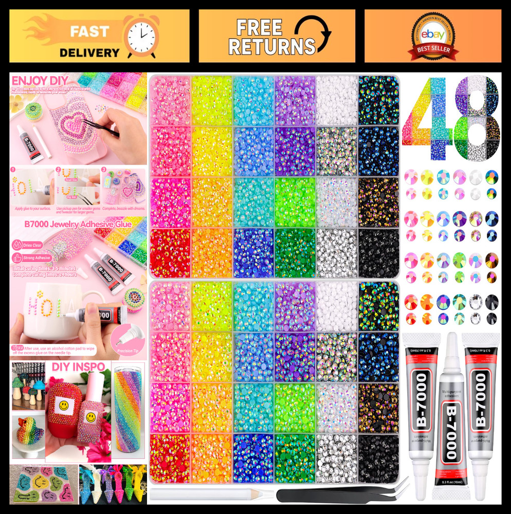30000 Pcs Multicolor Resin Rhinestones Kit – 3mm & 4mm Flatback Gems + B7000 Glu