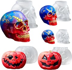 5 Pcs Large + Medium + Small 3D Skull Pumpkin Resin Molds, Flexible Silicone Ske