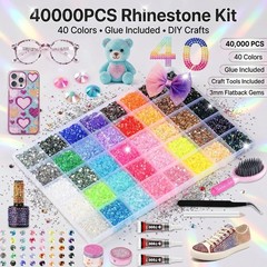 40000PCS Rhinestones Kit 40 Colors Flatback Gems w/ Glue Tools