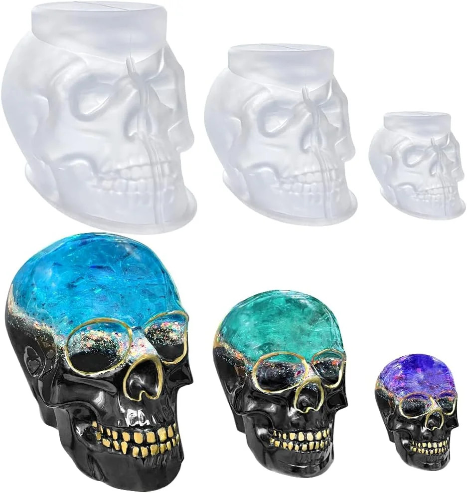 RESINWORLD Set of Large + Medium + Small 3D Skull Resin Molds, Flexible Clear Si