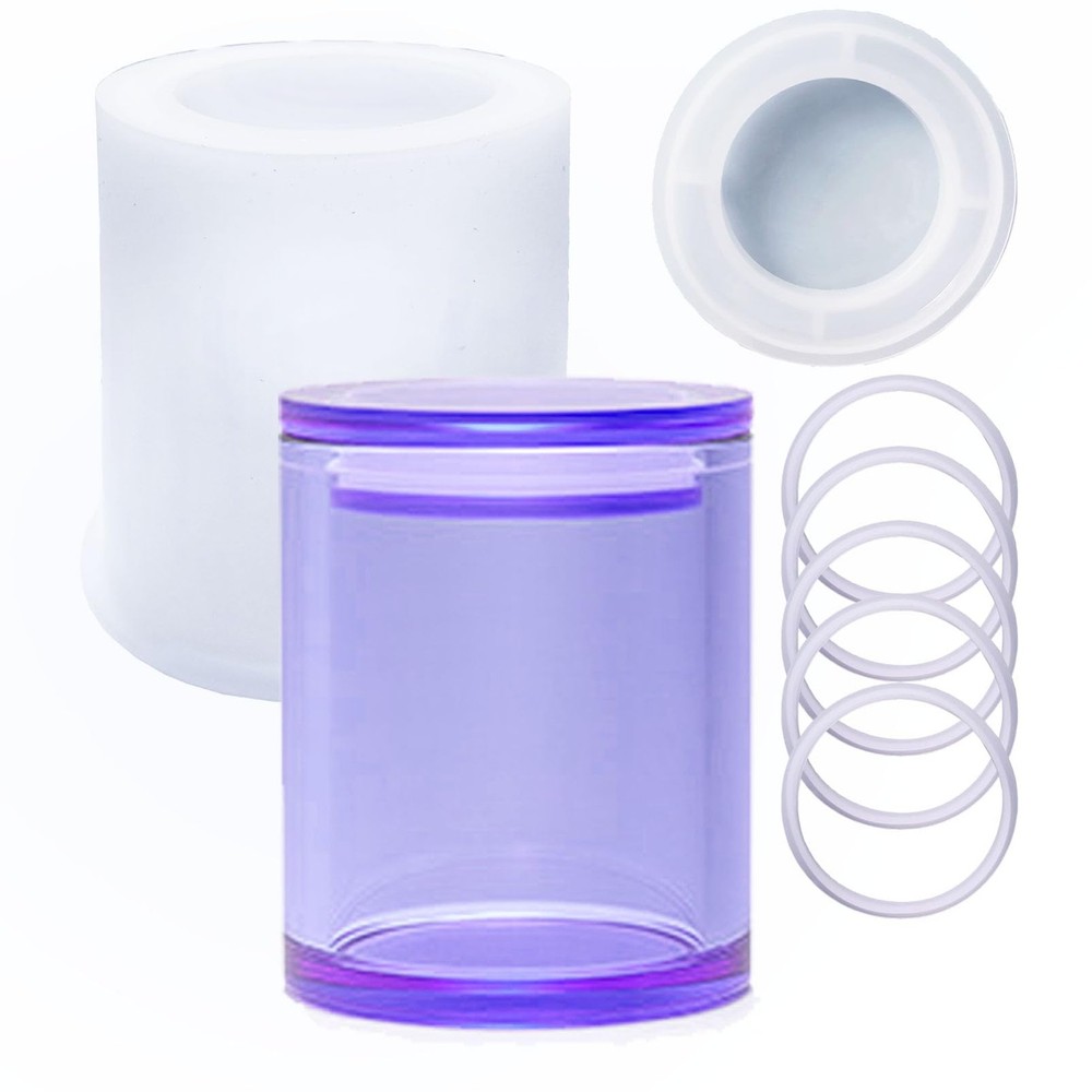 Cylinder 1 lid and 5 Rings Sealed Storage Silicone Resin Mold Vase Bottle Jar…