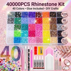 40000PCS Resin Rhinestones Kit 40 Colors Flatback Gems w/ Glue
