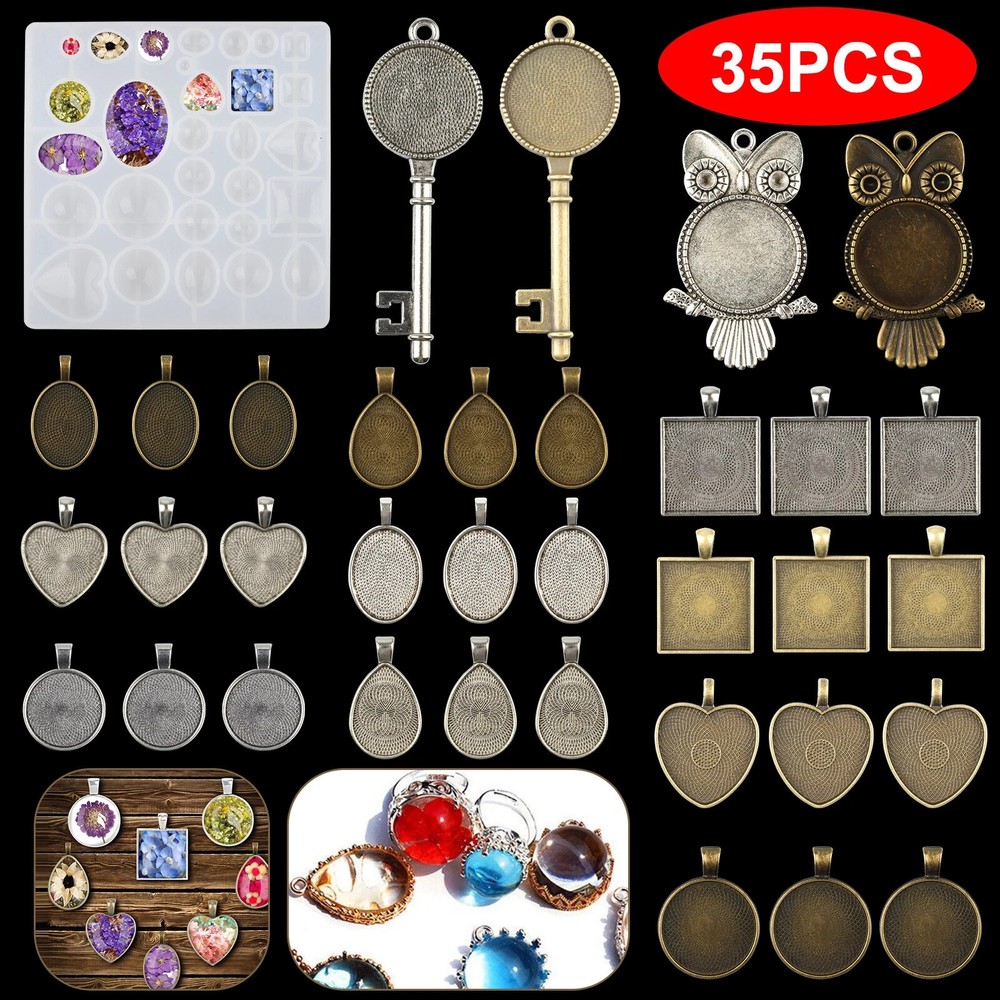 35PCS Silicone Resin Mold DIY Jewelry Pendant Tray Mould Making Epoxy Craft Tool