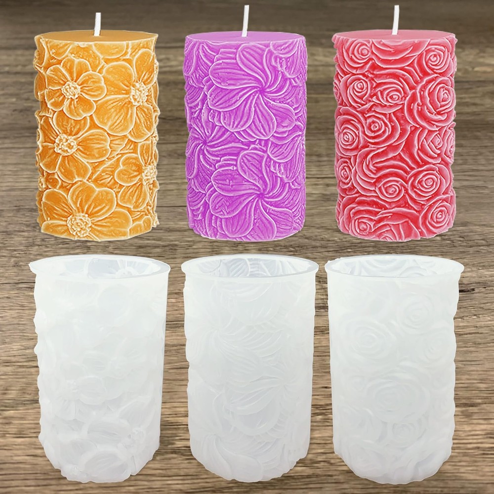 3pcs Flower Cylinder Candle Silicone Molds for Candle Making Soaps Light Resi…