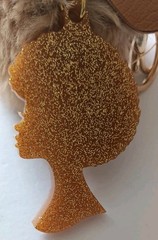 Afro Women Keychain Fob With Jeweled Pom Pom Gold Glitter Handmade Blingy