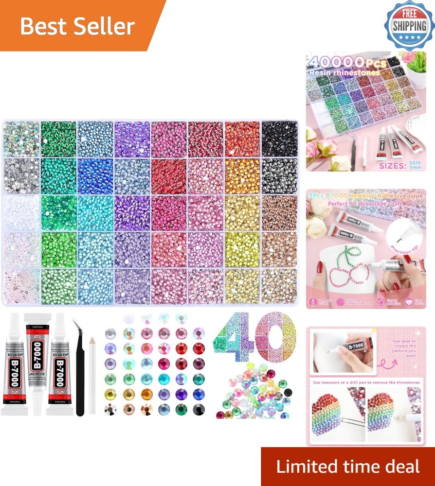 Versatile 40-Color Rhinestone Crafting Set – 40,000 3mm Gems & Glue Included