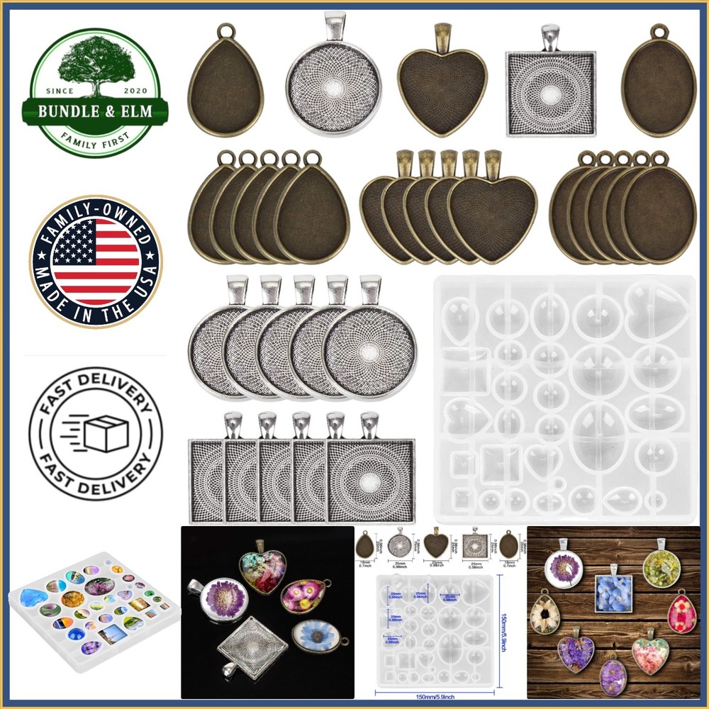 Jewelry Craft Kit with 30 Metal Pendants and Silicone Molds for DIY Projects