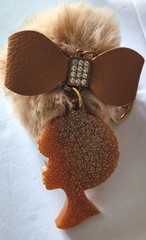Afro Women Keychain Fob With Jeweled Pom Pom Gold Glitter Handmade Blingy