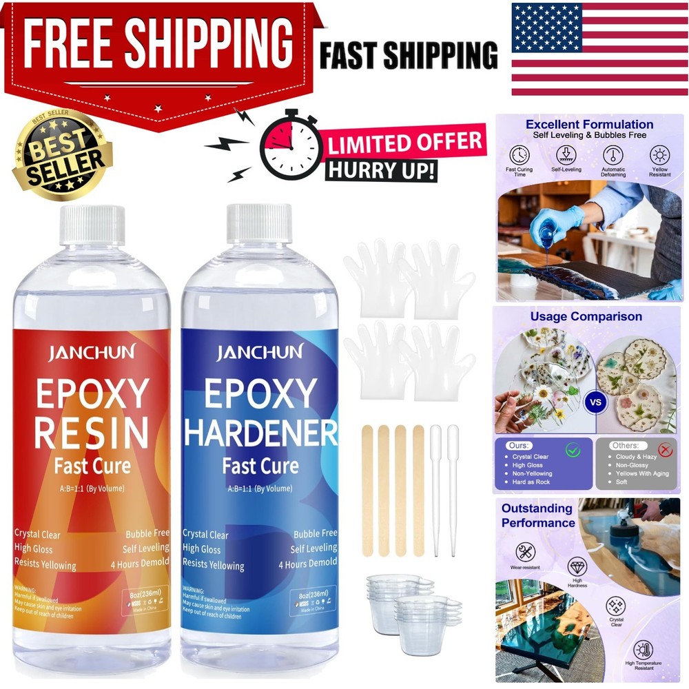 Crystal Clear Epoxy Resin Kit 16oz, Bubble-Free, Anti-Yellowing, Self Levelin…