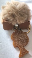 Afro Women Keychain Fob With Jeweled Pom Pom Gold Glitter Handmade Blingy