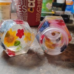 Handmade Multicolor Resin Hexagonal Floral Jar with Lid and Embedded Flowers
