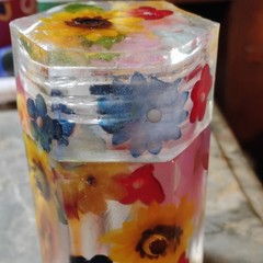 Handmade Multicolor Resin Hexagonal Floral Jar with Lid and Embedded Flowers