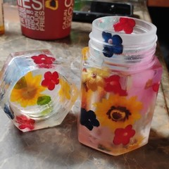 Handmade Multicolor Resin Hexagonal Floral Jar with Lid and Embedded Flowers