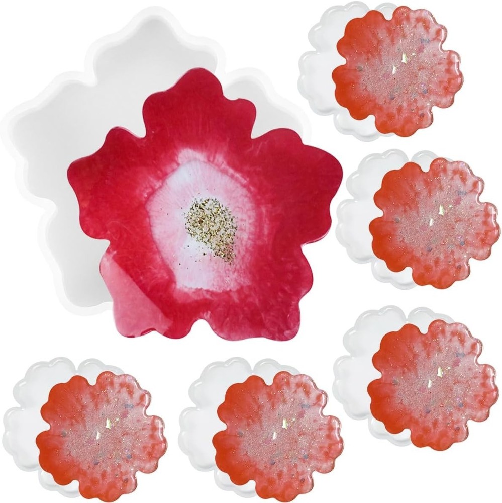 6 PCS Flower Silicone Resin Molds Large Resin Tray Mold Flower Shape Coaster …