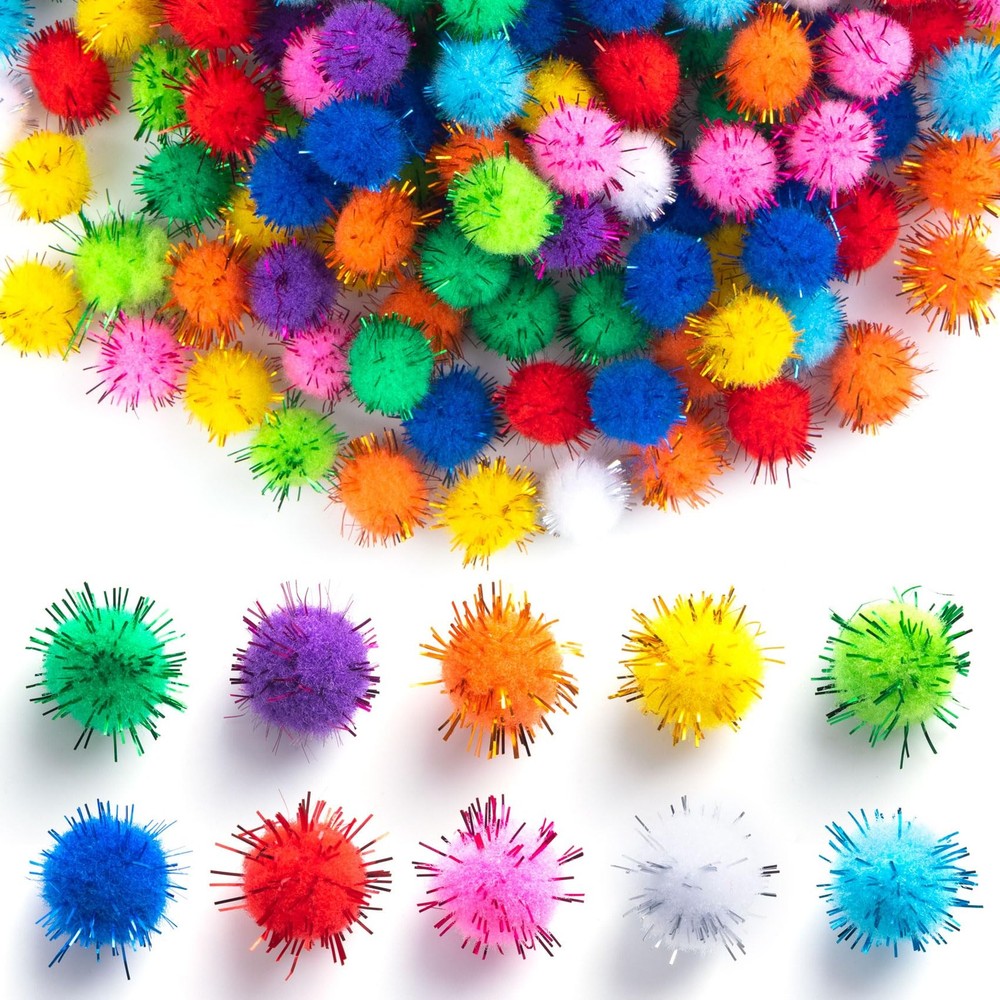 200PCS Glitter Pom Pom Balls Multicolor Fluffy Craft Pompoms DIY Decors 0.59in