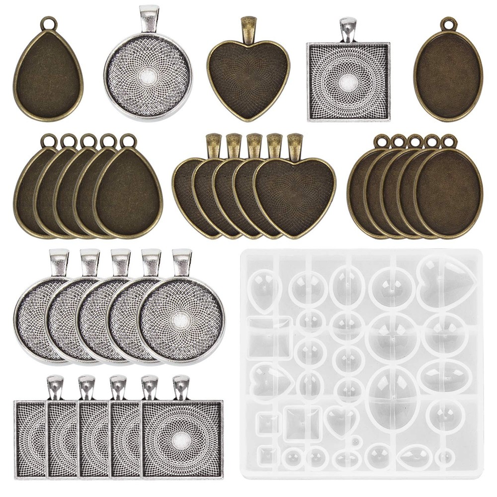 Resin Jewelry Molds Pendant Trays Making Kit with 30pcs 5 Styles Metal Pendan…