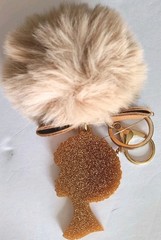 Afro Women Keychain Fob With Jeweled Pom Pom Gold Glitter Handmade Blingy