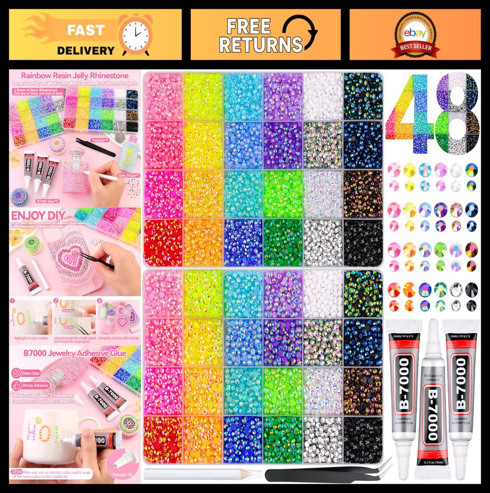 30,000 Pcs Multicolor Resin Rhinestones Kit – 3mm & 4mm Flatback Gems + Glue for