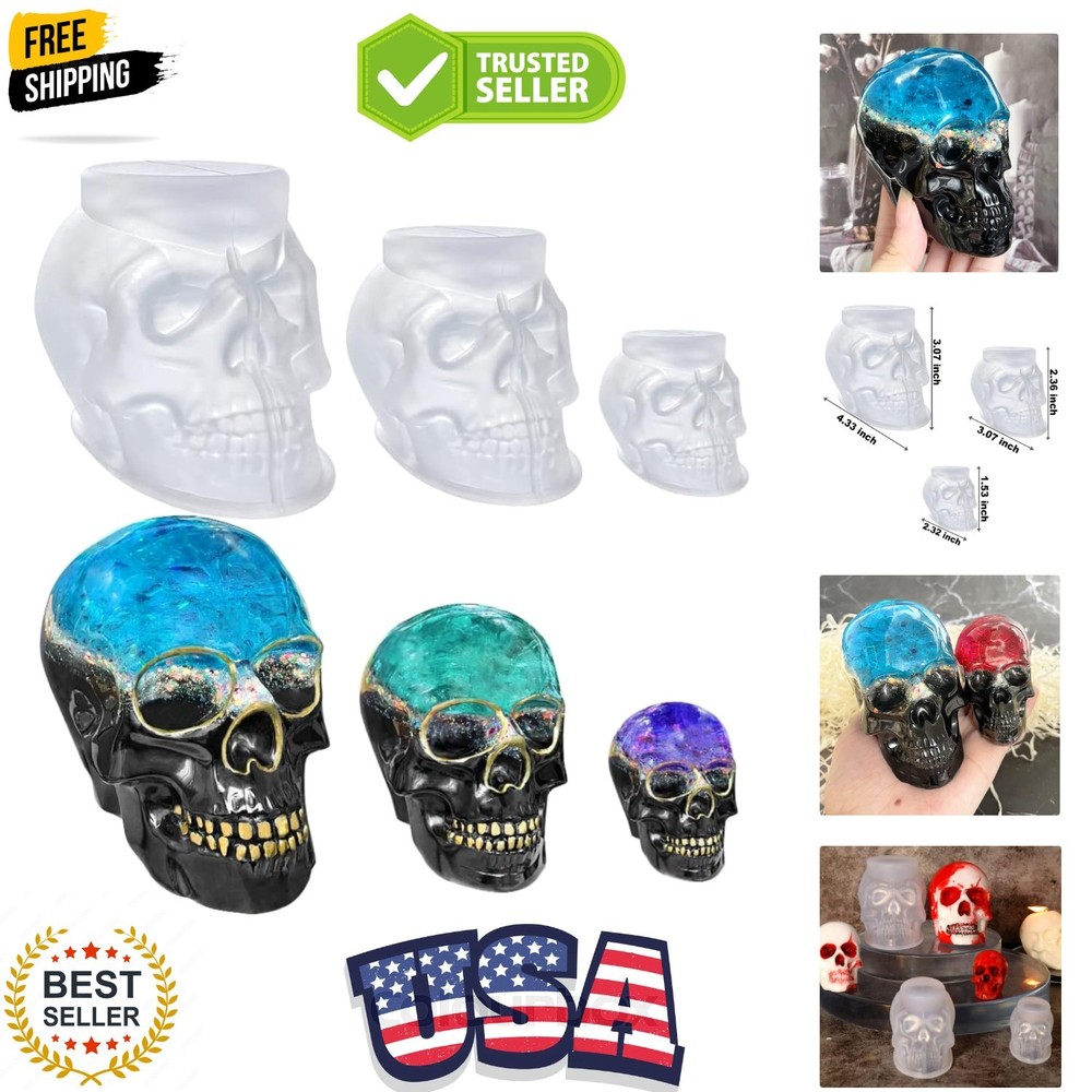Set of Large + Medium + Small 3D Skull Resin Molds, Flexible Clear Silicone S…