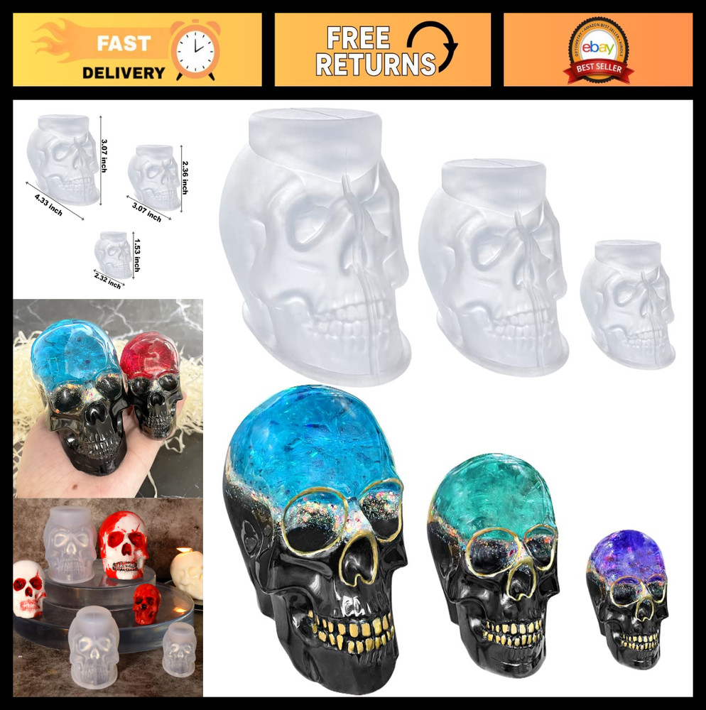 Large & Medium & Small 3D Skull Resin Molds – Flexible Silicone for Casting, Hal