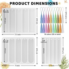 Set of 3 Silicone Rectangle Bookmark Molds with 20 Tassels for Resin DIY