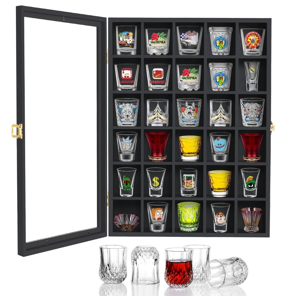 30 Shot Glass Display Case Wall Mounted, Shot Glass Holder with Door and Remo…
