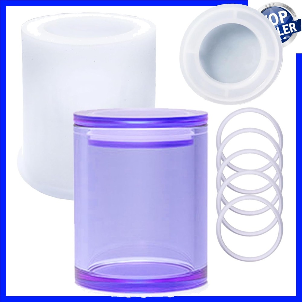 Cylinder 1 lid and 5 Rings Sealed Storage Box Silicone Resin Mold Vase Bottle…