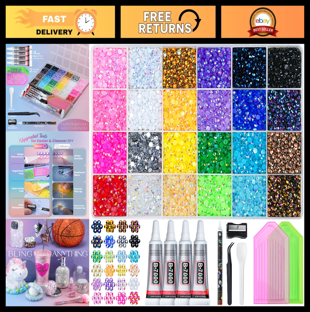 35,000 Pcs Multicolor 3mm Flatback Rhinestones Kit with Glue & Tools for DIY Cra